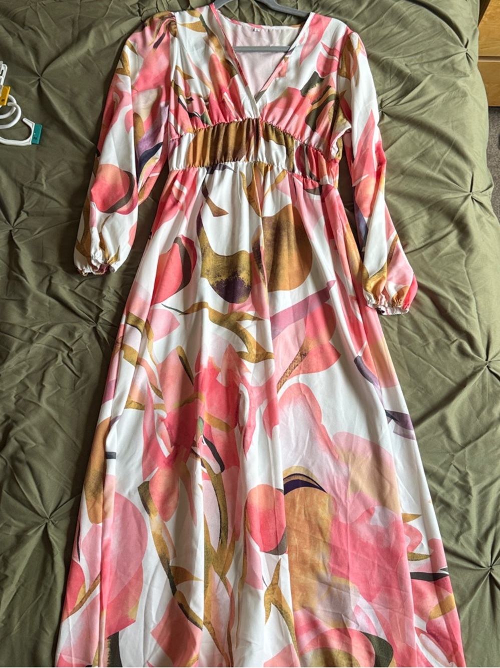 Women’s Pink Abstract Print Maxi Dress - V-Neck, Long Sleeve